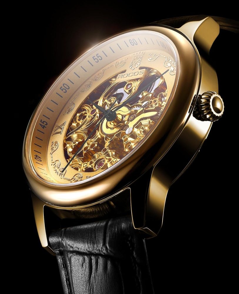 ROCOSJEWE R0106 Automatic Skeleton Watch for Men, Gold Dial, Self-Winding Mechanical Watch with Leather Strap