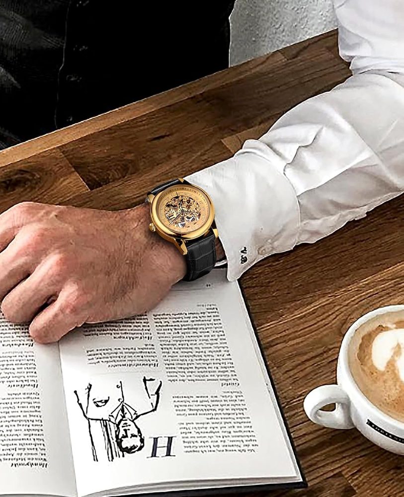 ROCOSJEWE R0106 Automatic Skeleton Watch for Men, Gold Dial, Self-Winding Mechanical Watch with Leather Strap