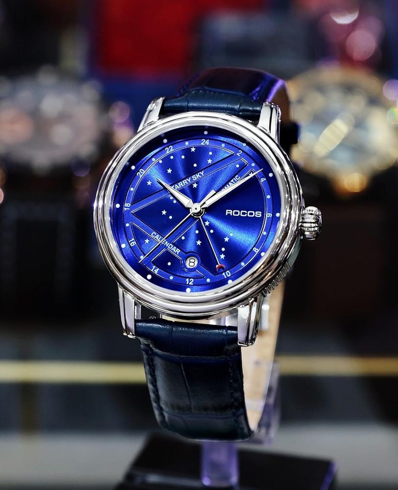 ROCOSJEWE Men's Luxury Automatic Mechanical Watch, Luminous Night Sky Leather Strap, Waterproof, Date Display, Fashion Business Watches for Men RW0108, Blue, Classic,Business,Elegant