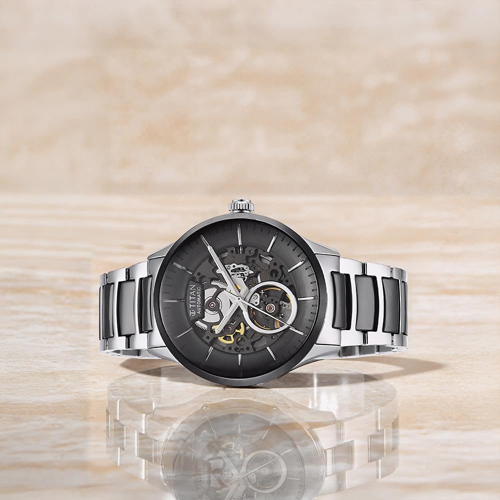 Titan Ceramic Fusion Automatic Black Dial Silver Dual-Toned Stainless Steel Bracelet Watch for Men-90174KD01