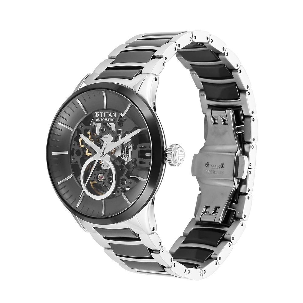Titan Ceramic Fusion Automatic Black Dial Silver Dual-Toned Stainless Steel Bracelet Watch for Men-90174KD01