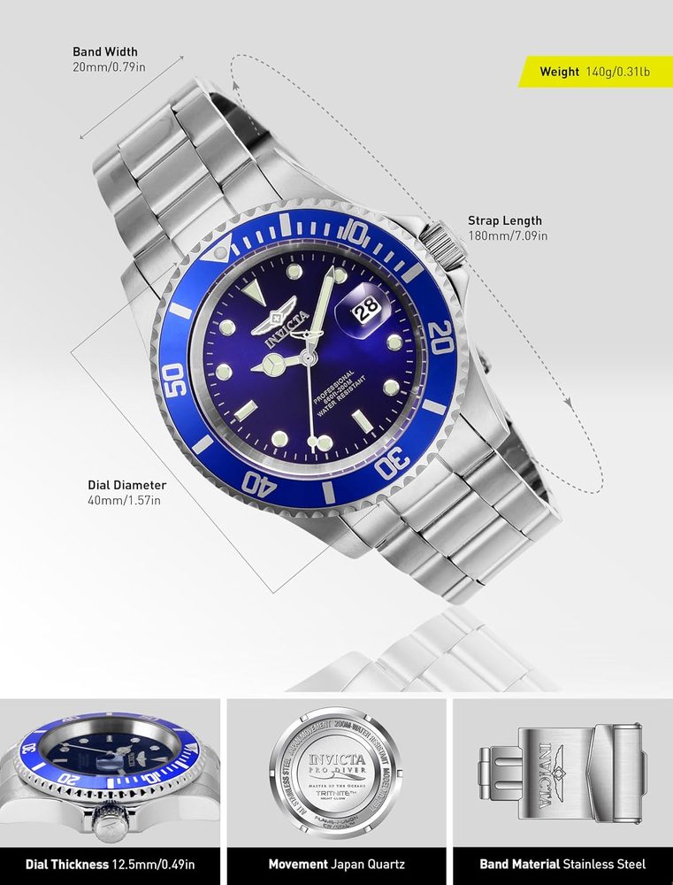 Invicta Stainless Steel Pro Diver Analog Blue Dial Unisex Watch-26971, Silver Band