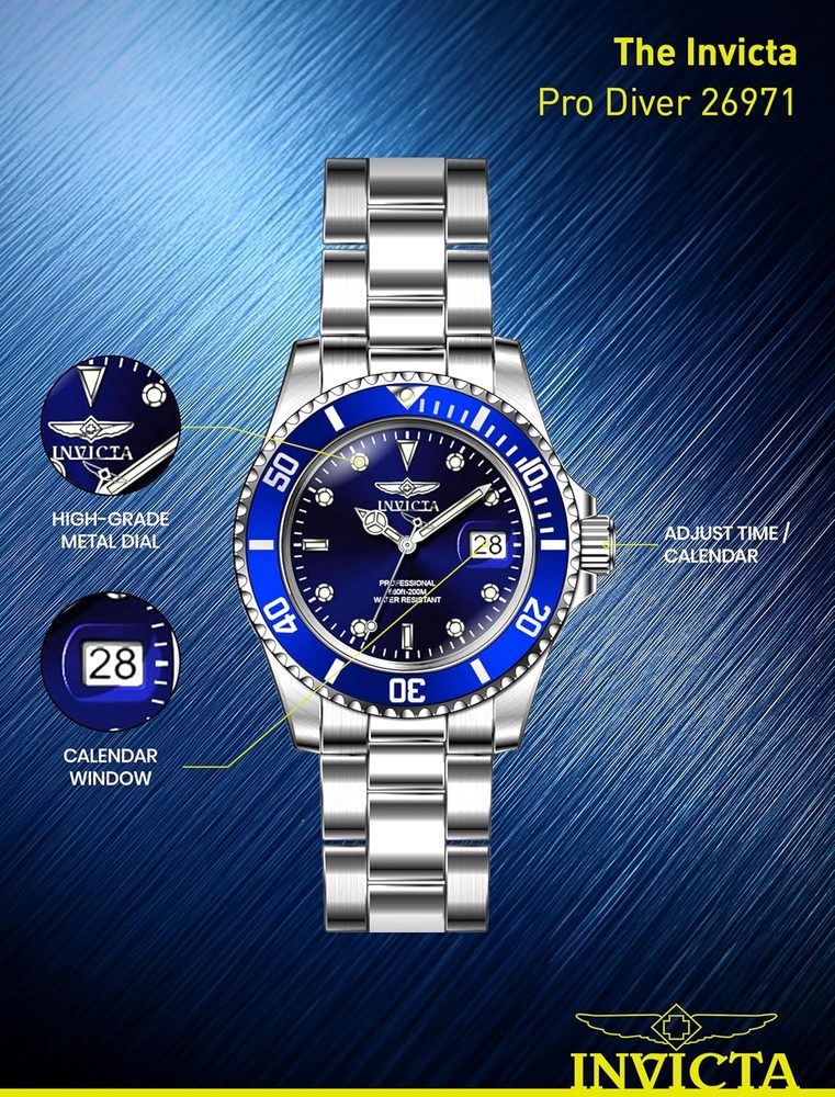 Invicta Stainless Steel Pro Diver Analog Blue Dial Unisex Watch-26971, Silver Band