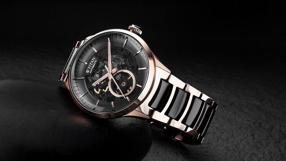 Titan Ceramic Fusion Automatic Anthracite Dial Two Toned Rose Gold and Grey Stainless Steel Bracelet Watch for Men - NT90174KD03