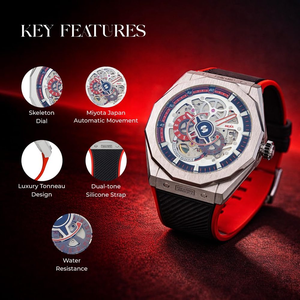HEXA Vertex Red Skeleton Tonneau Automatic Watch for Men with Miyota Japan Movement| Premium Gift Box Included | Luxury Barrel Shape Analog Designer Sport Watch | Transparent Dial Silicone Strap