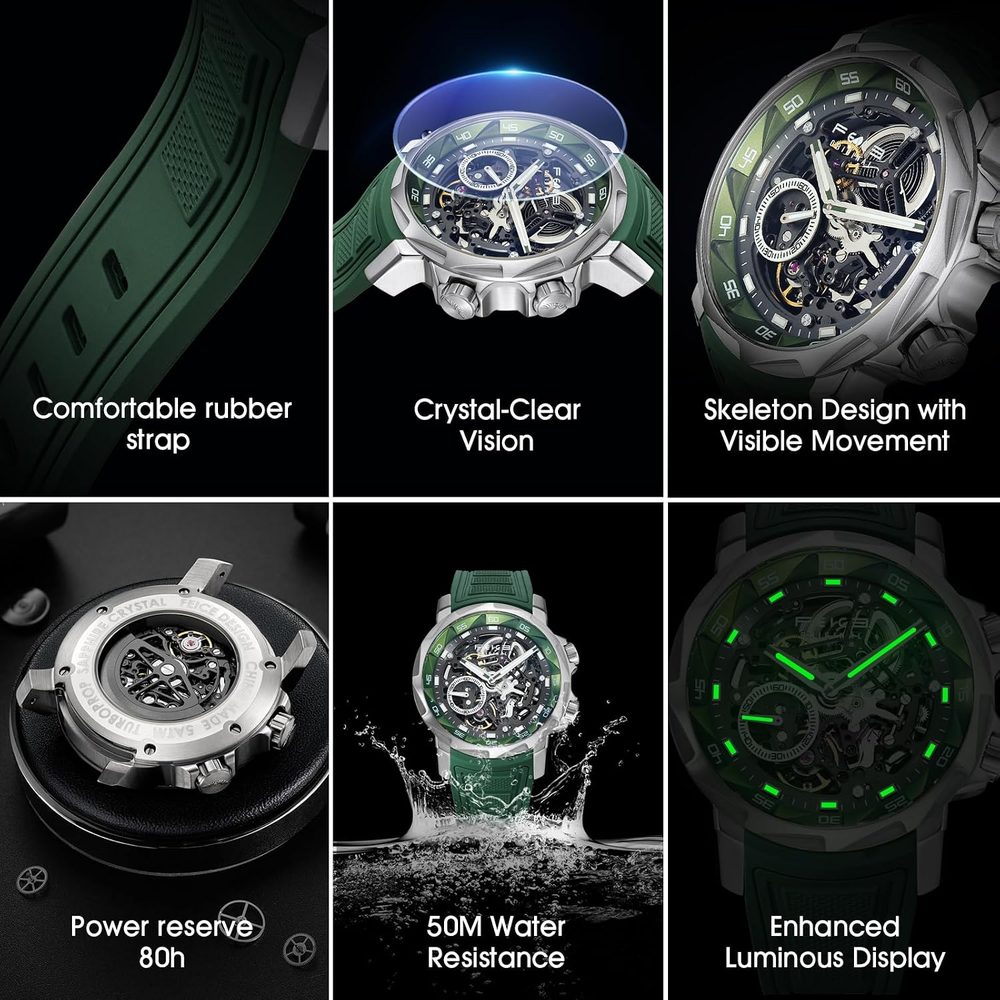 FEICE Watches for Men Automatic Skeleton Watch Waterproof Sapphire Crystal 5ATM Waterproof Wristwatch Anti Shock Luminous Display Business Wristwatch Silicone Strap, FM511, Multicolor, Strap