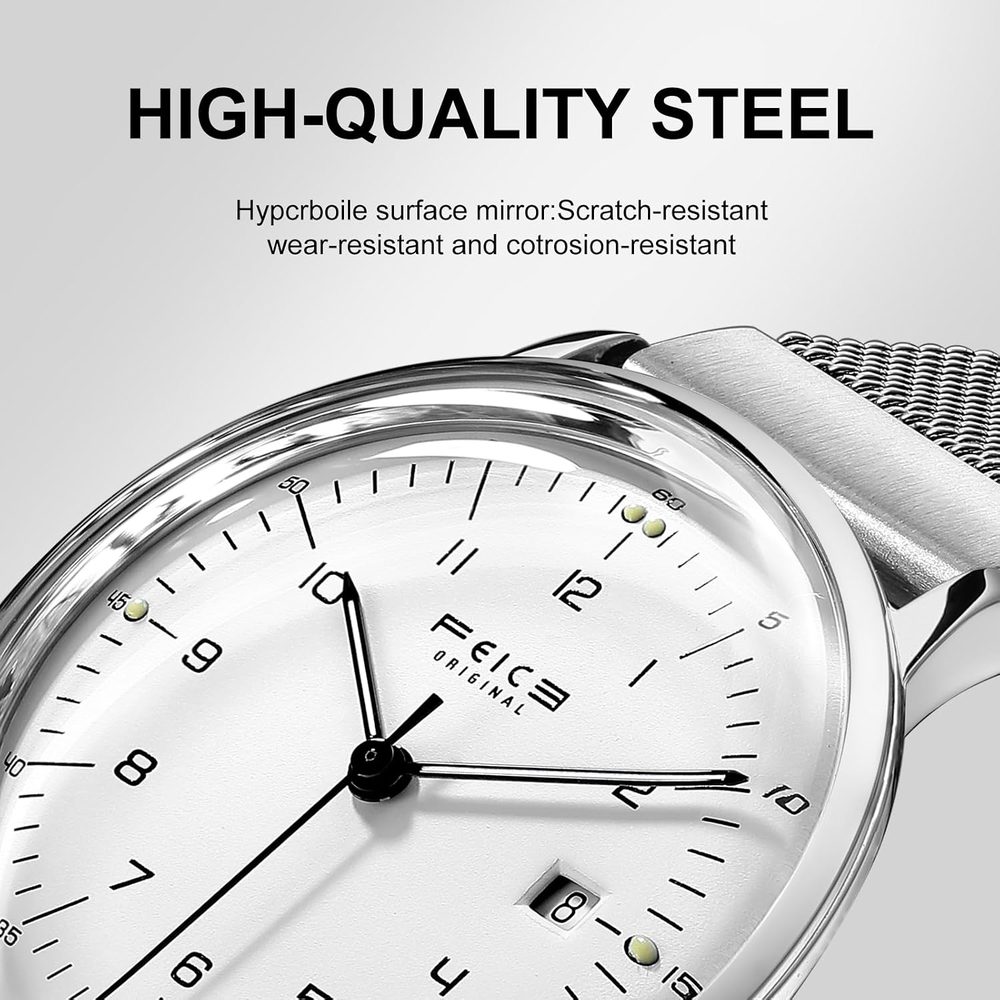 FEICE Ultra-Thin Automatic Men's Bauhaus Style Mechanical Watch White Dial Stainless Steel Strap Analog Three