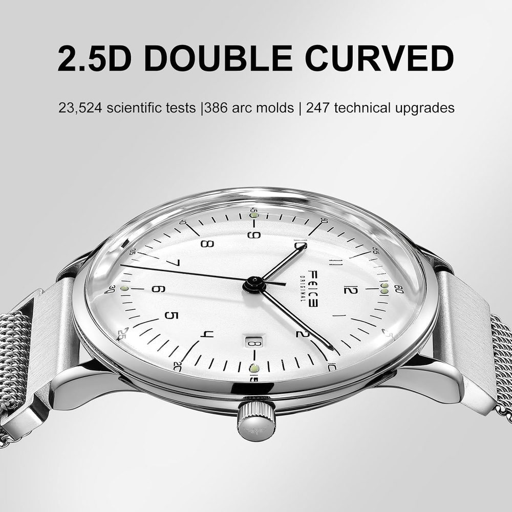 FEICE Ultra-Thin Automatic Men's Bauhaus Style Mechanical Watch White Dial Stainless Steel Strap Analog Three