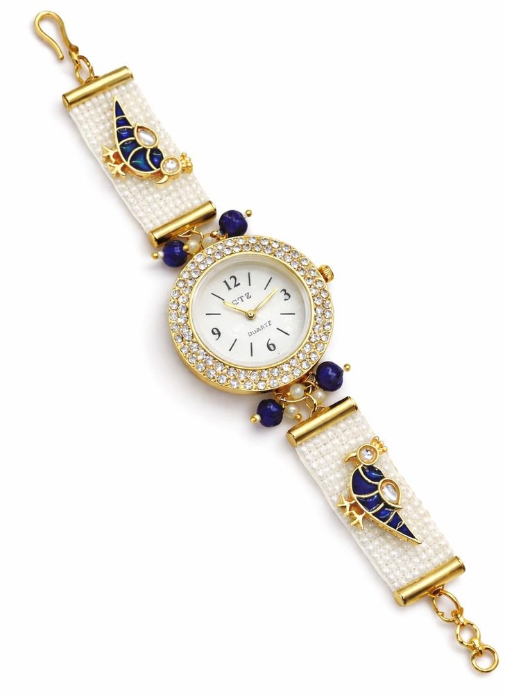 Kashmiri Bracelet Watch for Women Stylish | Pearl Strap Jewellery Watch with Blue Bird Design | Ethnic Wrist Watch for Girls | Wedding, Festive & Gift