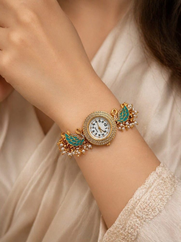 INAAYAT Women’s Elegant Swan Design Bracelet Watch Adjustable Chain Strap Stone Studded Dial Ethnic Style Wrist Watch with Pearl Detailing Stylish Jewelry Timepiece for Festive and Daily Wear