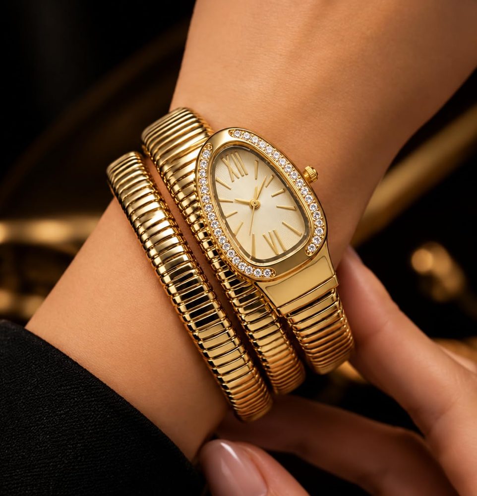 Serpentine Snake Watch with Crystal Bezel for Women