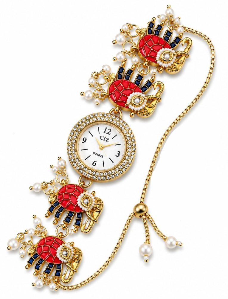 Elephant Bracelet Watch for Women | Red Enamel Elephant Charm Adjustable Bracelet Watch with Pearl Accents | Gold Plated Fashion Jewellery Wrist Watch for Girls, Festive, Party & Gift