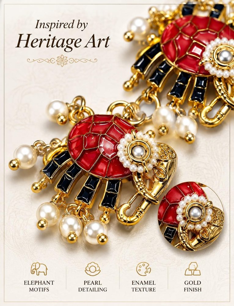 Elephant Bracelet Watch for Women | Red Enamel Elephant Charm Adjustable Bracelet Watch with Pearl Accents | Gold Plated Fashion Jewellery Wrist Watch for Girls, Festive, Party & Gift