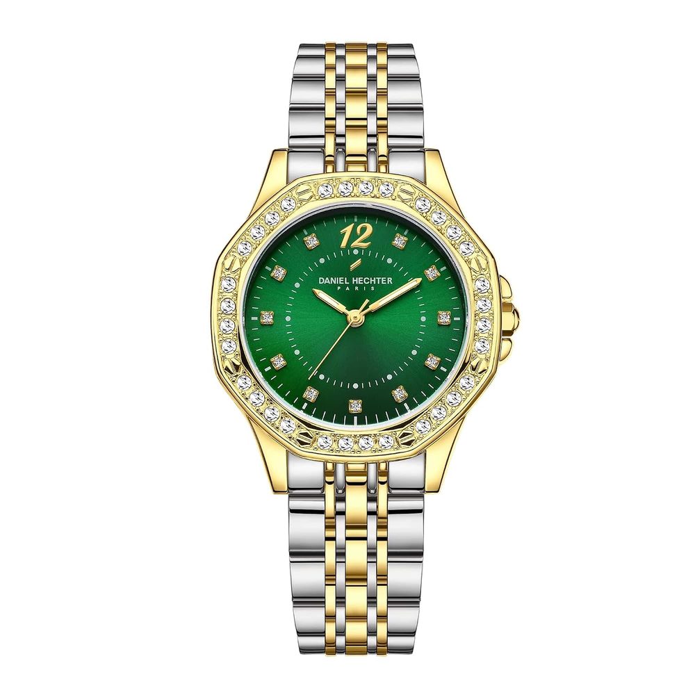 Daniel Hechter Paris Vendome Collection Analog Watch for Women with Round Dial, Crystal Studded Bezel, Crystal Accents and Stainless Steel Strap - DHW2009