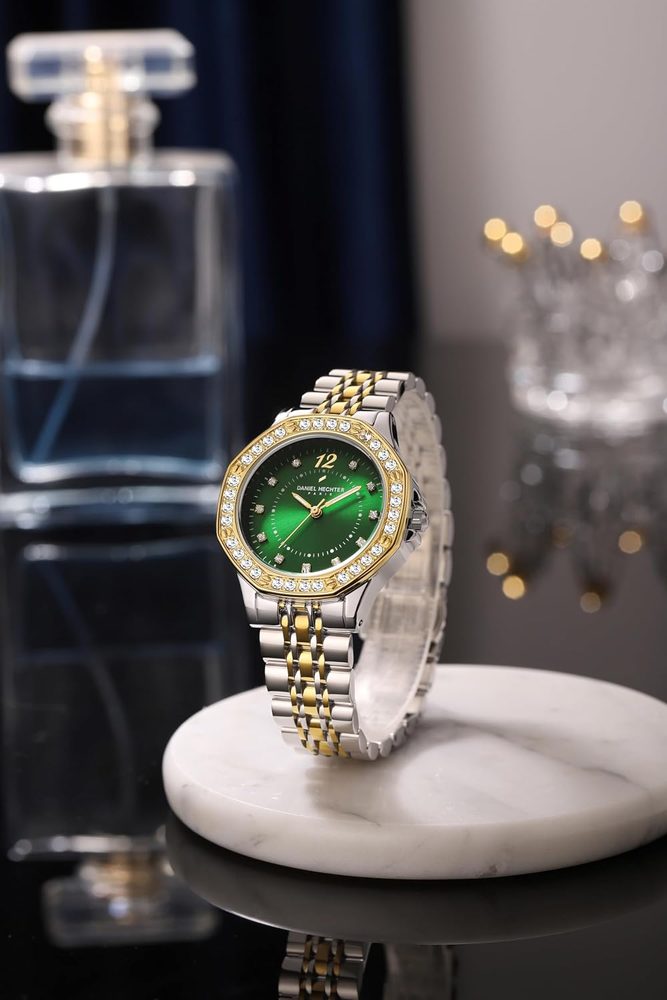 Daniel Hechter Paris Vendome Collection Analog Watch for Women with Round Dial, Crystal Studded Bezel, Crystal Accents and Stainless Steel Strap - DHW2009