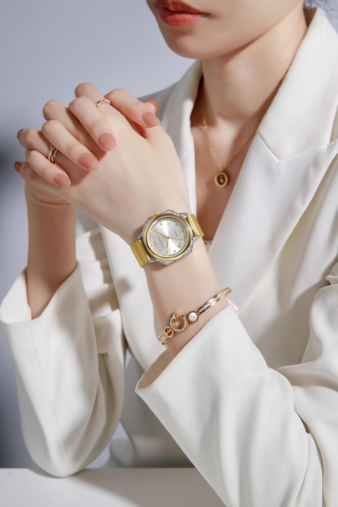 Giordano Analog Quartz Watch Gift Set for Women – 3 Piece Combo with Mesh Strap, Roman Numeral Crystal Studded Dial, Round Pearl Pendant Necklace & Moon Star Charm Bangle Bracelet - GZ-60183