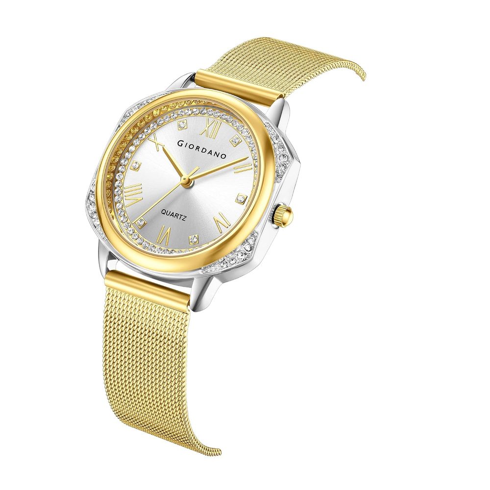 Giordano Analog Quartz Watch Gift Set for Women – 3 Piece Combo with Mesh Strap, Roman Numeral Crystal Studded Dial, Round Pearl Pendant Necklace & Moon Star Charm Bangle Bracelet - GZ-60183