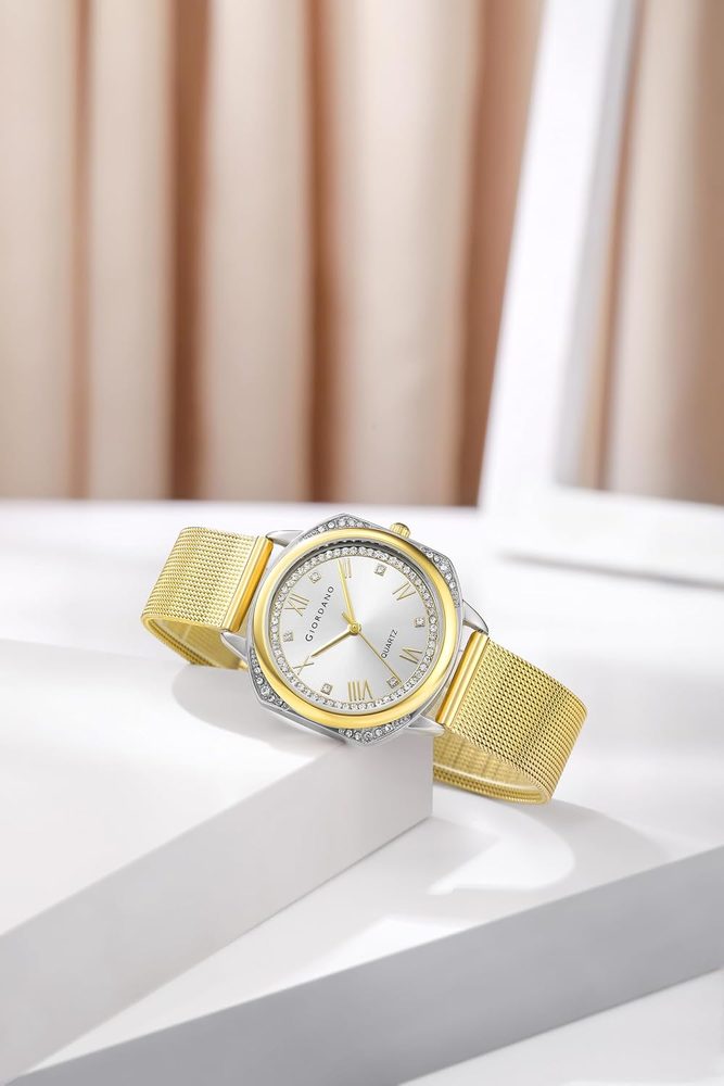 Giordano Analog Quartz Watch Gift Set for Women – 3 Piece Combo with Mesh Strap, Roman Numeral Crystal Studded Dial, Round Pearl Pendant Necklace & Moon Star Charm Bangle Bracelet - GZ-60183
