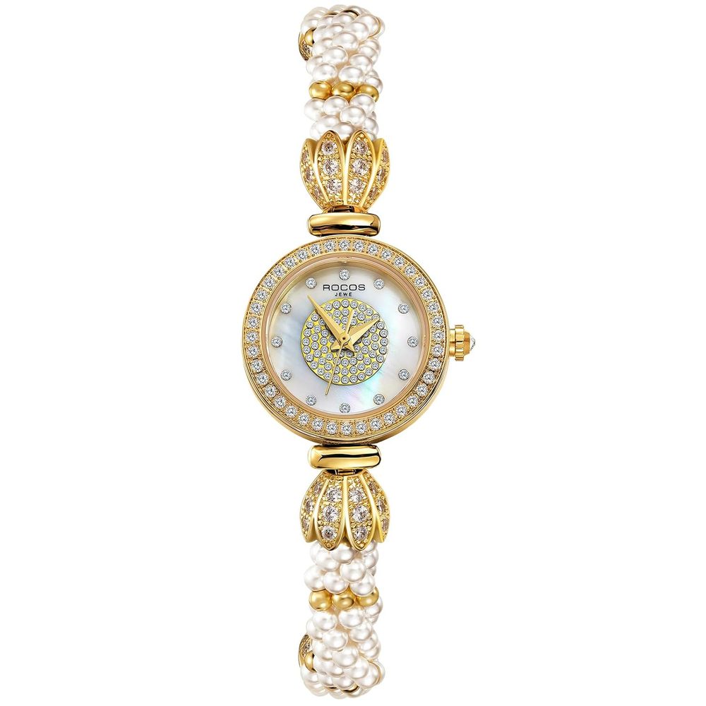 ROCOSJEWE Elegant Pearl Ladies Watch Collection?Crystal-Studded Bezel · Gold-Tone Case · Sophisticated Pairing ·for Special Occasions an Elegant Gift Choice