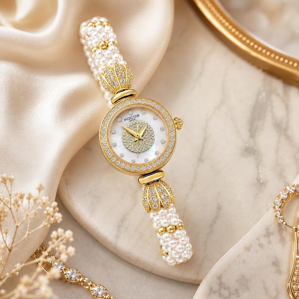ROCOSJEWE Elegant Pearl Ladies Watch Collection?Crystal-Studded Bezel · Gold-Tone Case · Sophisticated Pairing ·for Special Occasions an Elegant Gift Choice