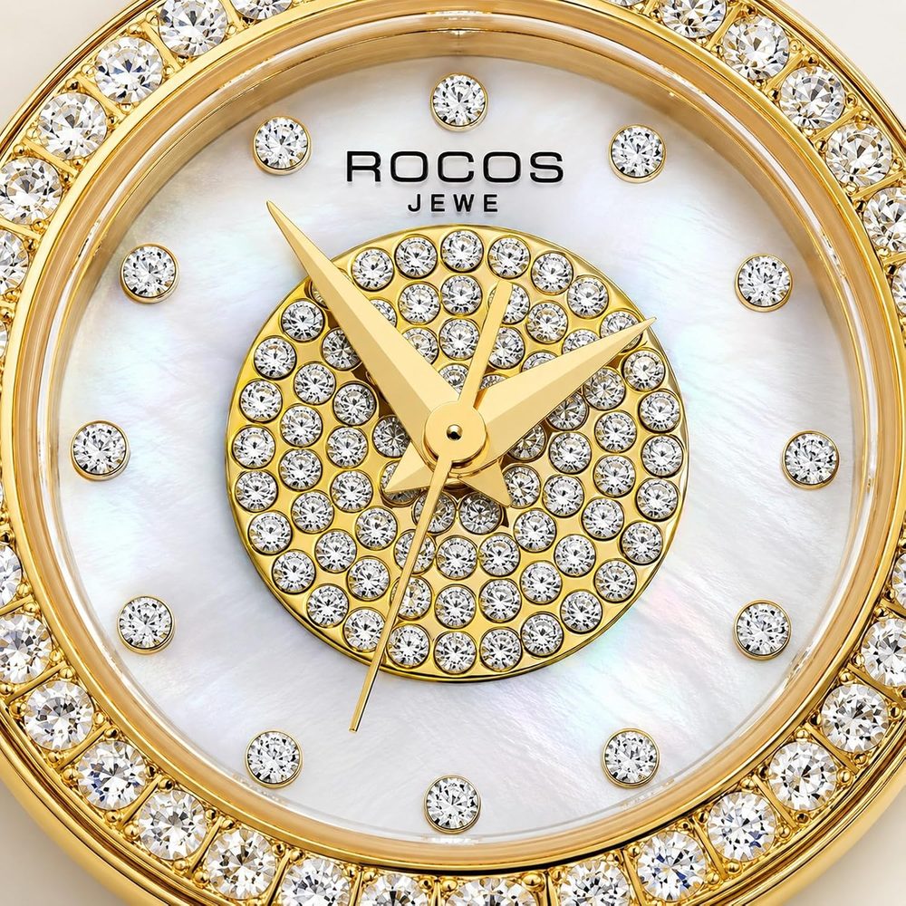 ROCOSJEWE Elegant Pearl Ladies Watch Collection?Crystal-Studded Bezel · Gold-Tone Case · Sophisticated Pairing ·for Special Occasions an Elegant Gift Choice