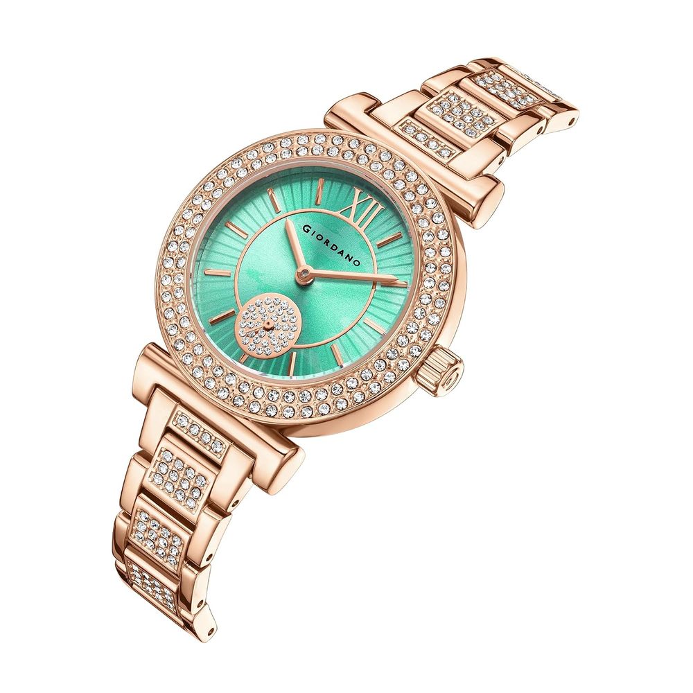 Giordano Luxury Analog Watch for Women - Elegant Crystal Design with sub dial and Diamond Studed statinless Steel Strap