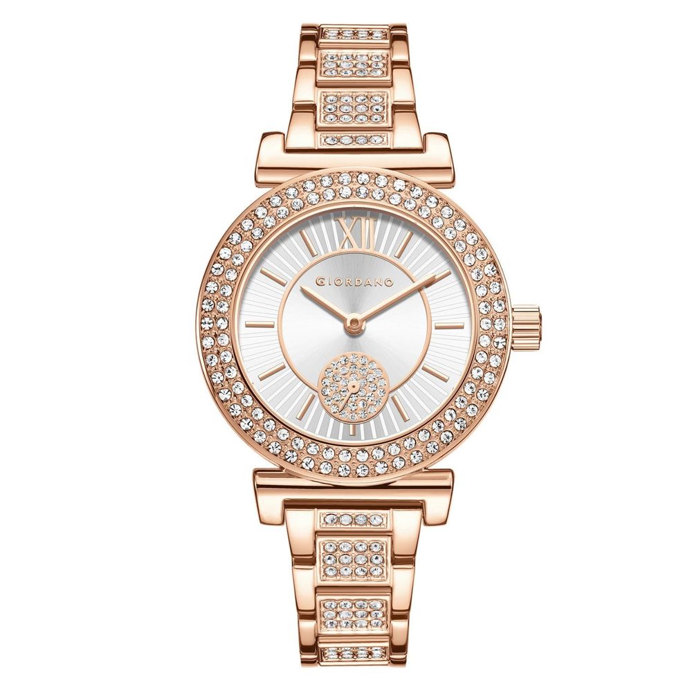 Giordano Luxury Analog Watch for Women - Elegant Crystal Design with sub dial and Diamond Studed statinless Steel Strap
