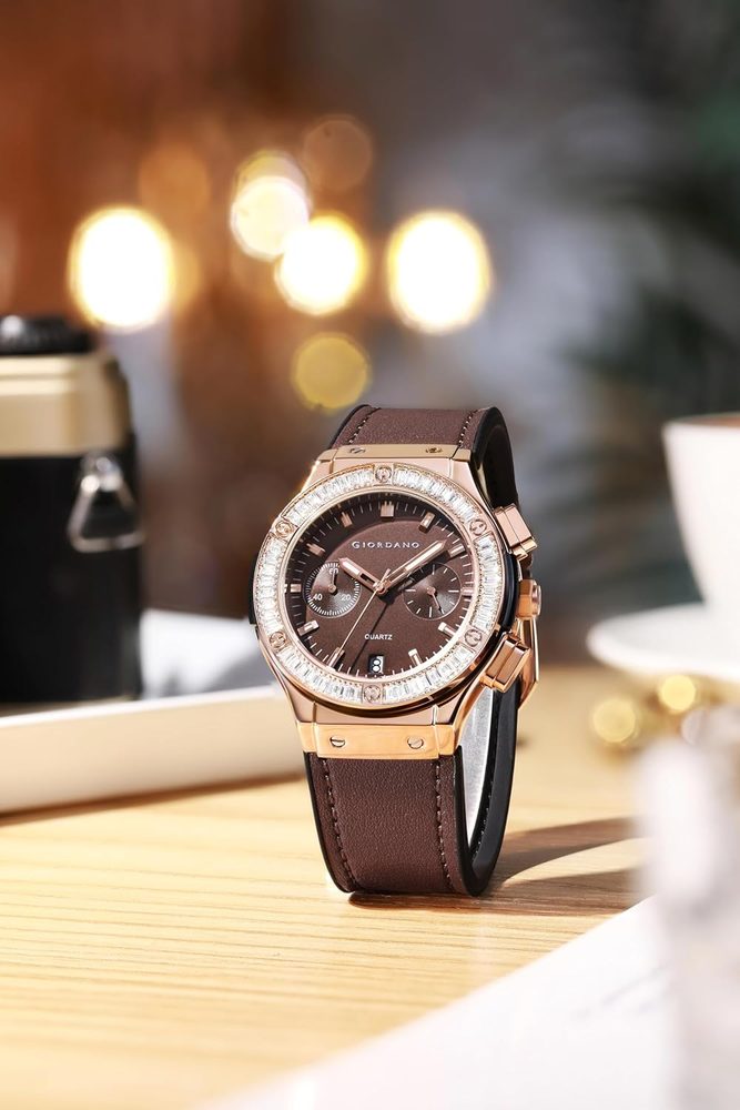 Giordano Analog Watch for Women – Round Dial, Leather Strap, Crystal-Studded Bezel with Quartz Movement