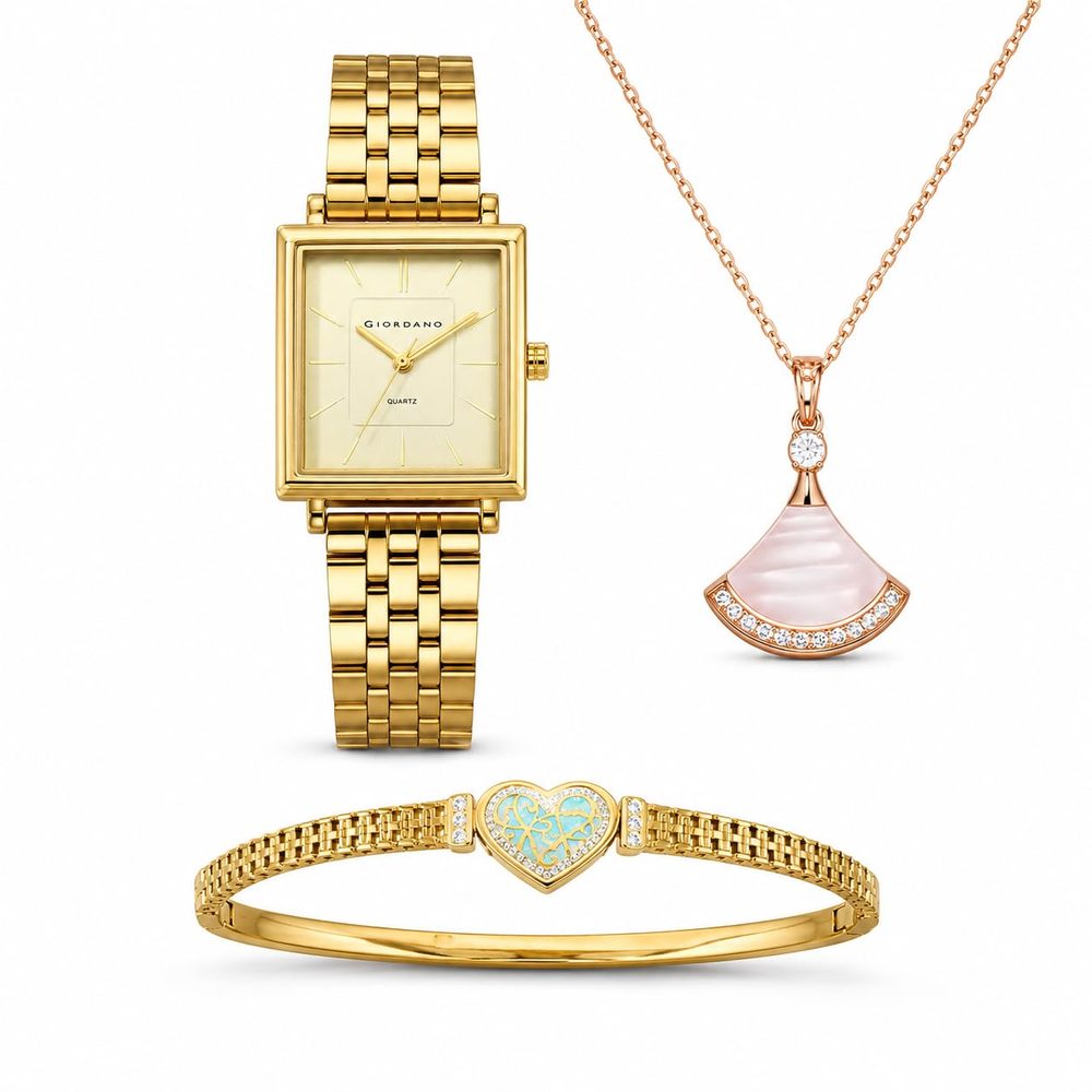 Giordano Analog Quartz Watch Gift Set for Women – 3 Piece Combo with Rose Gold Mother of Pearl Fan Pendant Necklace & Crystal Heart Charm Bangle Bracelet, Fashion Jewelry Set - GZ-60180