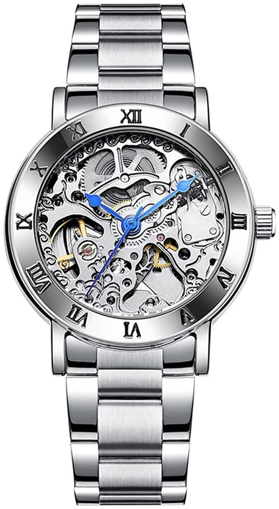 MASTOP Women's Watches Automatic Steampunk Self Winding Mechanical Silver Bracelet Ladies Skeleton Wrist Watch
