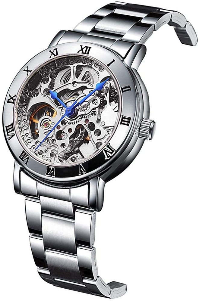 MASTOP Women's Watches Automatic Steampunk Self Winding Mechanical Silver Bracelet Ladies Skeleton Wrist Watch