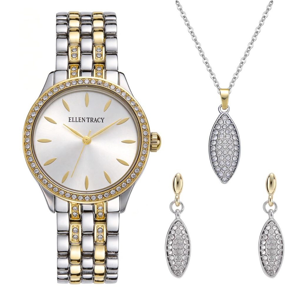 Ellen Tracy Ladies 32mm Round Two Tone Silver/Gold Watch Gift Set White Dial Crystal Accents