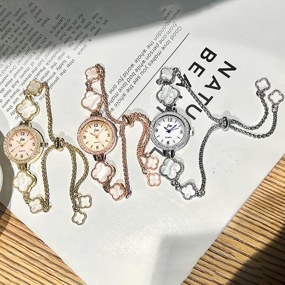 Four Leaf Clover Bracelet for Women Crystal Bezel with Sliding Chain Rose Gold or Silver Quartz Watch