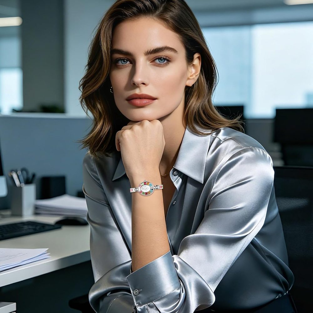 JewelryWe Women's Watch Small Oval Wrist Watch Glitter Coloured Rhinestone Analogue Quartz Watch Women's Slim Removable Metal Strap Watch with Mother of Pearl Dial for Party Gift