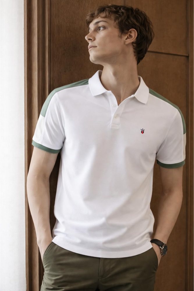 Louis Philippe Men's Slim Fit Premium High-End Pique in Superior Cotton Cut & Sew Design Color Block Shoulder Half Sleeve Polo Tshirt