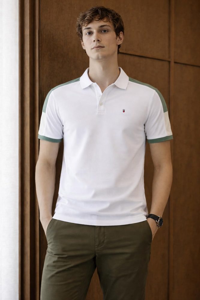 Louis Philippe Men's Slim Fit Premium High-End Pique in Superior Cotton Cut & Sew Design Color Block Shoulder Half Sleeve Polo Tshirt