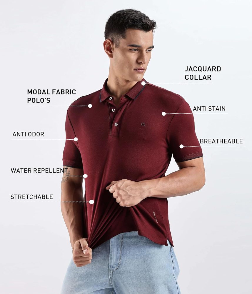 TURMS Men's Modal Solid Polo T-Shirt, Odor Control, Stretchable & Breathable, Jacquard Collared Neck, Half Sleeve