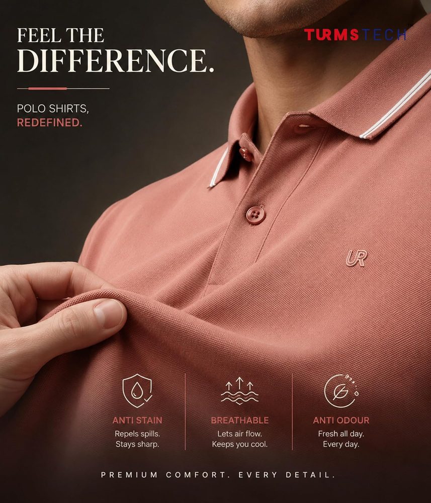 TURMS Men's Solid Polo T-Shirt, Odor Control, Stretchable & Breathable, Cotton Rich Fabric, Collared Neck, Half Sleeve