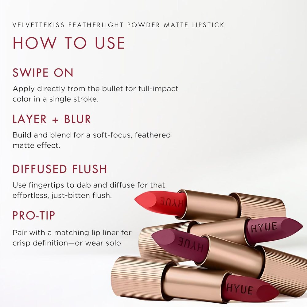 HYUE Velvette Kiss Matte Bullet Lipstick | Bare Affair | Feather Light & Powder Finish | Long-Wear Intense Color | with Jojoba, Almond & Gooseberry | Smudge-Proof, Travel-Friendly, Precision Tip
