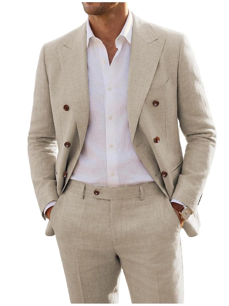 Mens Suits Linen 2 Piece Suit for Men Peak Lapel Slim Fit Suits Set Double Breasted Tuxedos for Wedding Prom