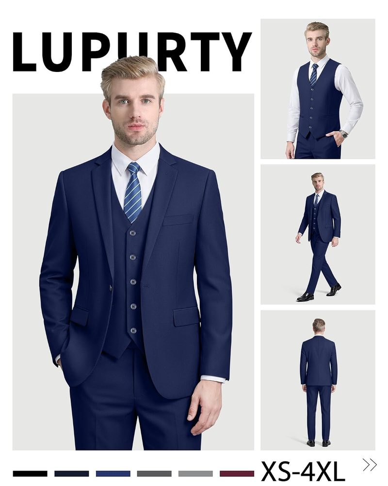 LUPURTY Men's 3 Piece Suit, One Button Slim Fit Tuxedo