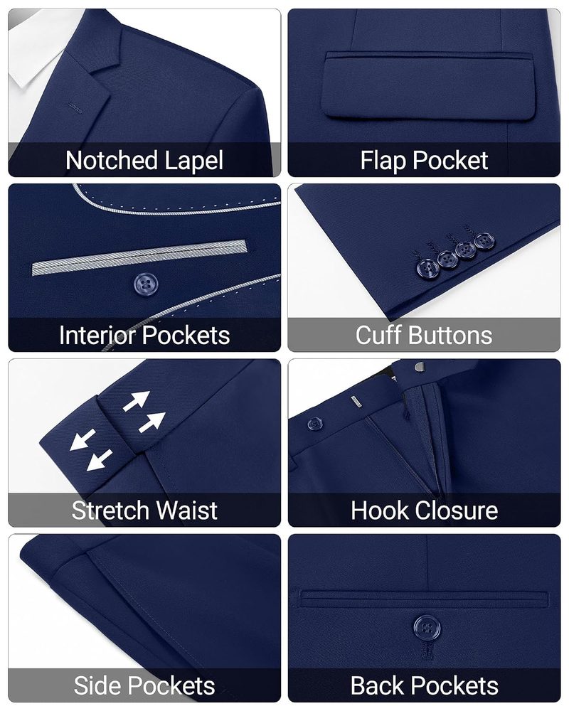 LUPURTY Men's 3 Piece Suit, One Button Slim Fit Tuxedo