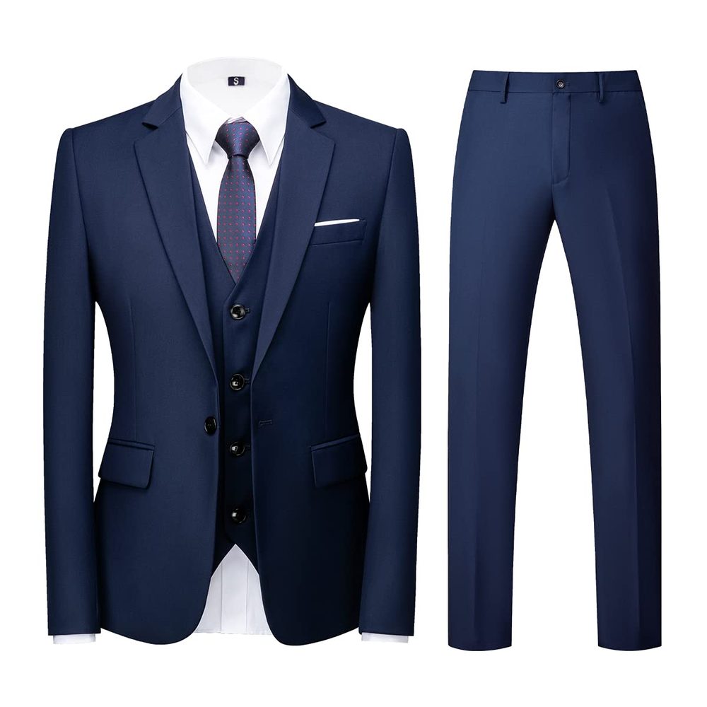 KUDORO Men's 3-Piece Slim Fit One Button for Wedding Business Men's Suit Jacket Vest Trousers