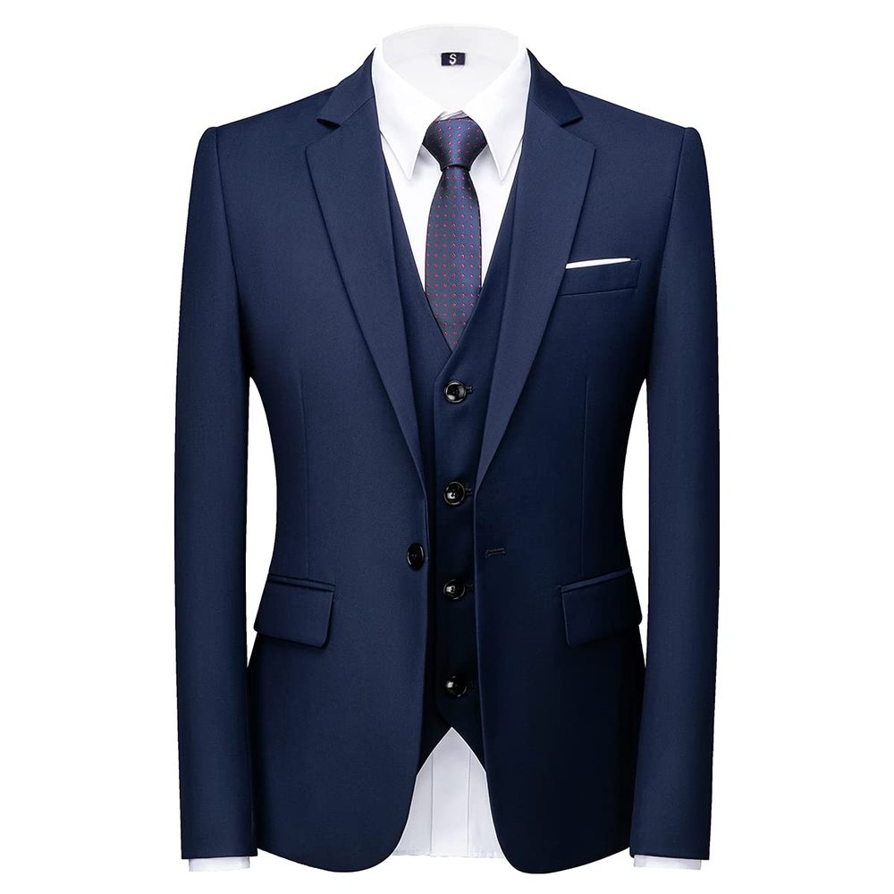 KUDORO Men's 3-Piece Slim Fit One Button for Wedding Business Men's Suit Jacket Vest Trousers
