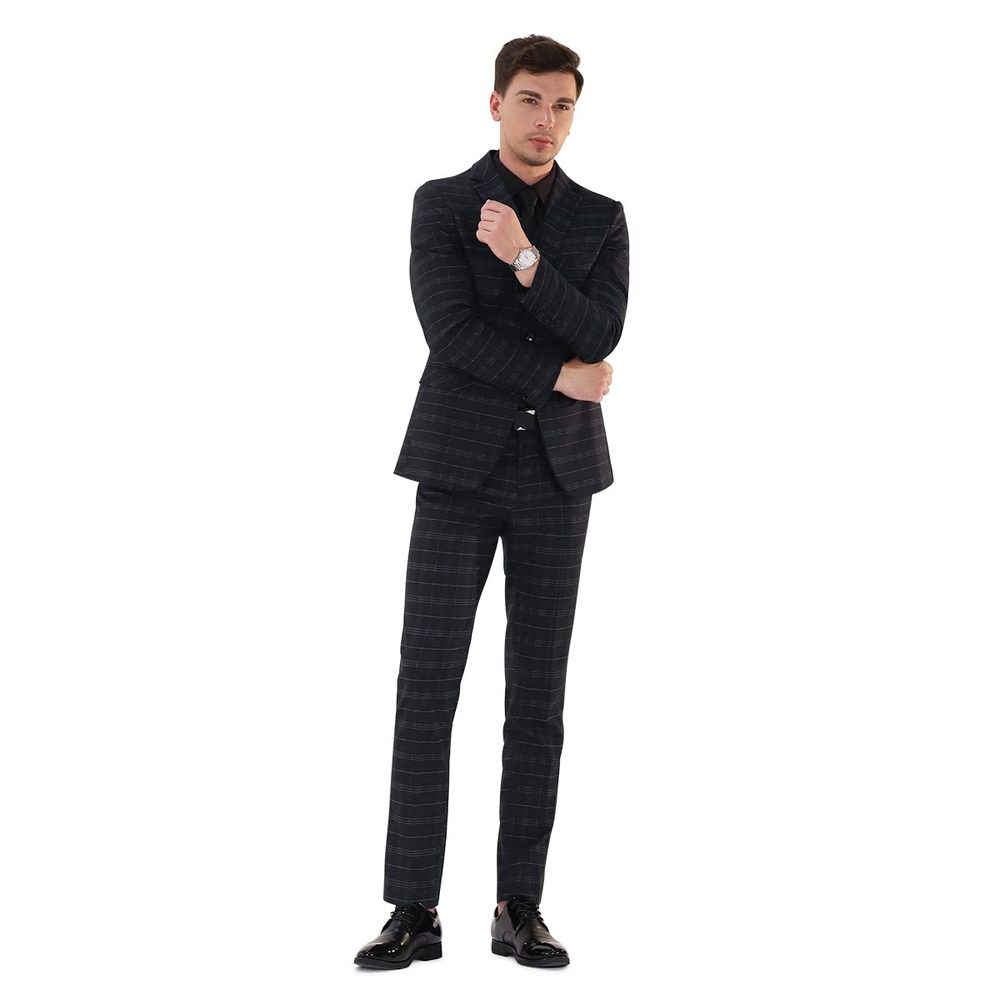 Cloudstyle Mens 3 Piece Slim fit Checked Suit Blue/Black Single Breasted Vintage Suits