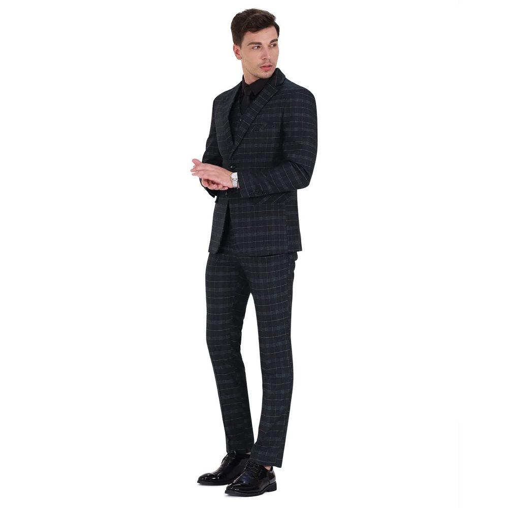 Cloudstyle Mens 3 Piece Slim fit Checked Suit Blue/Black Single Breasted Vintage Suits
