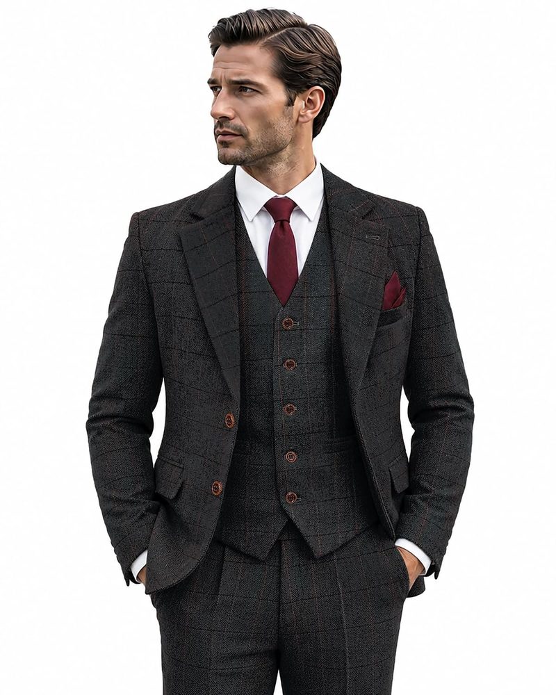 Wemaliyzd Men's Tweed 3 Piece Suit, Herringbone Plaid Vest Pants