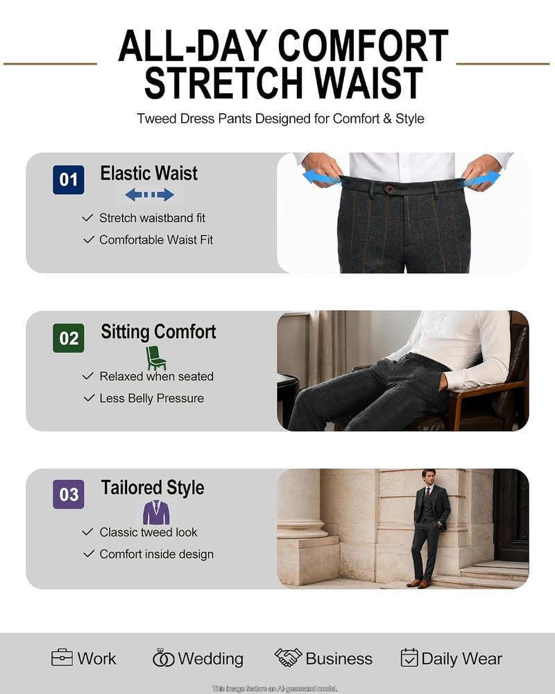 Wemaliyzd Men's Tweed 3 Piece Suit, Herringbone Plaid Vest Pants