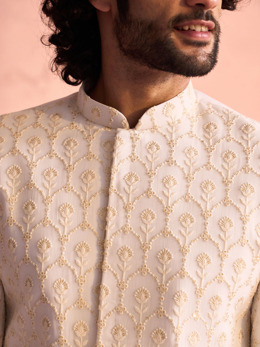 Men's Cream Georgette Embellished Indo Western Set