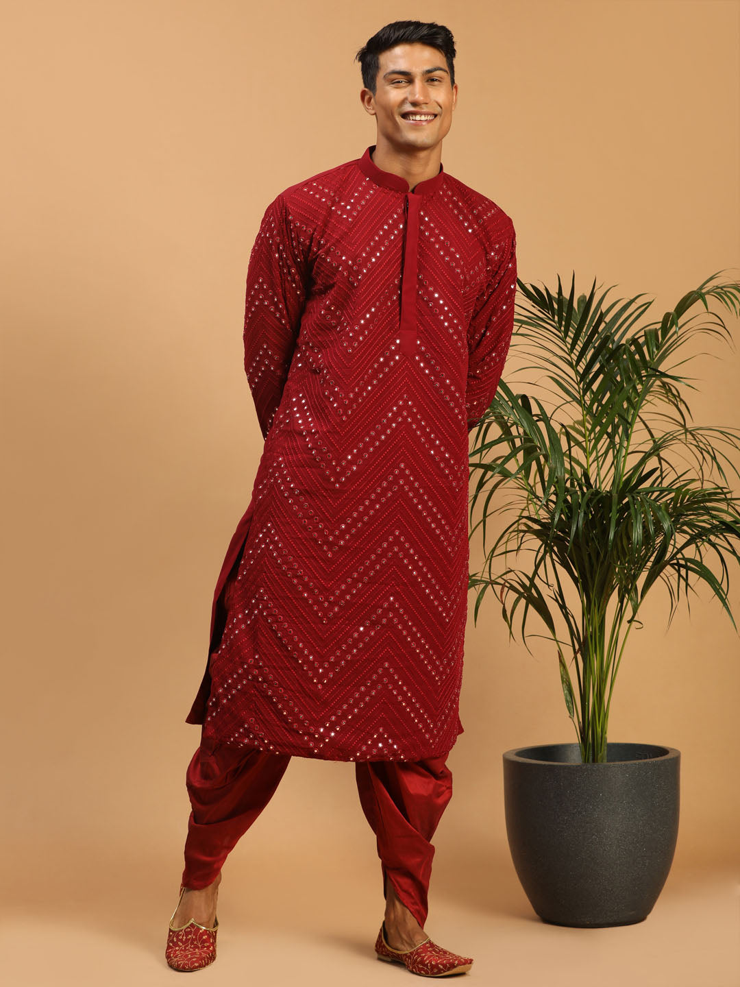 Men's Maroon Mirror Kurta Dhoti Set